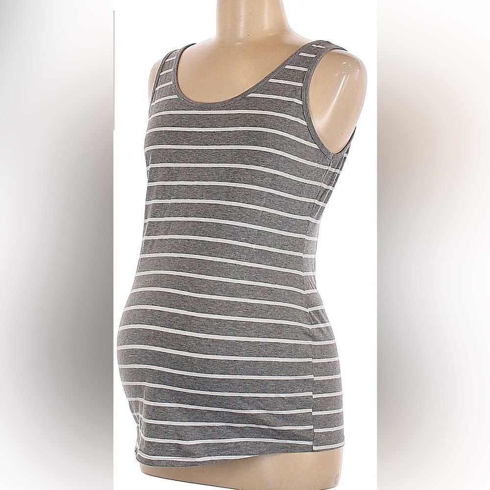 Maternity Gray and white striped ribbed tank top